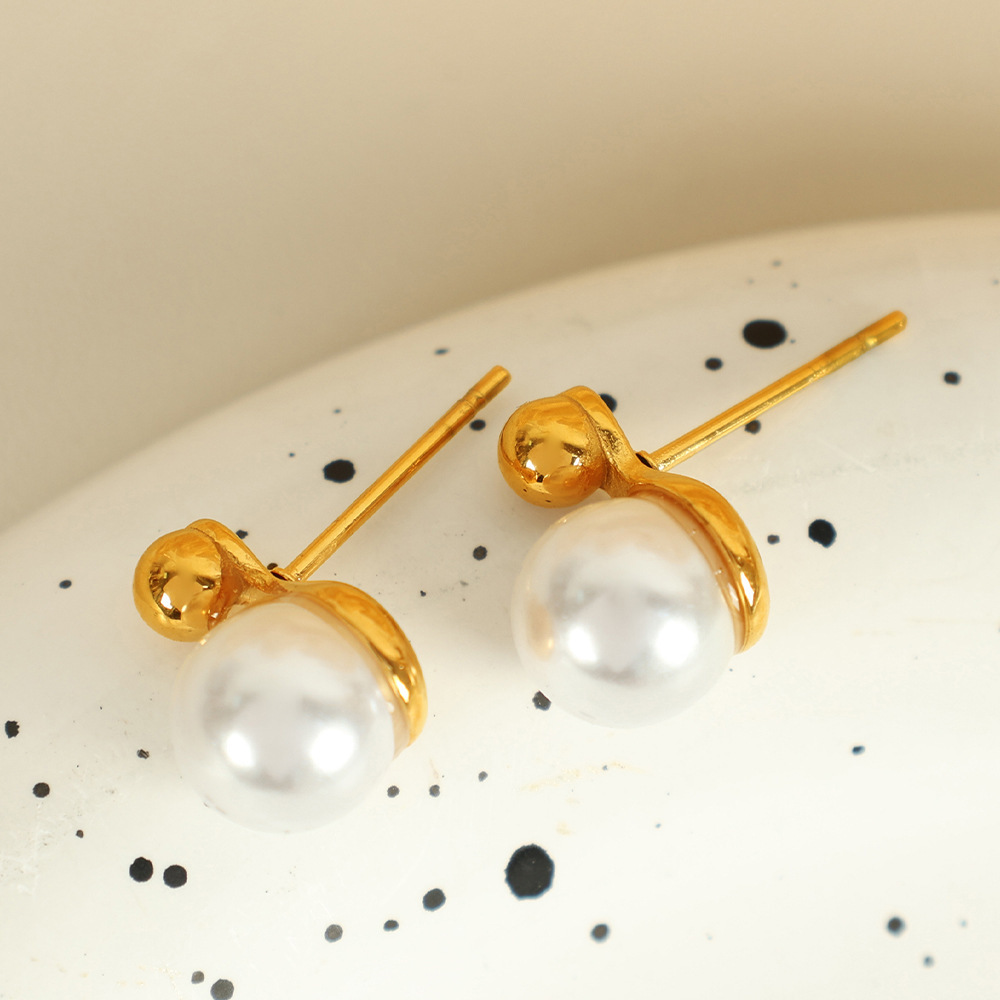 Ensemble De Colliers Pour Femmes, 1 Paire, Série Simple, Géométrique, En Acier Inoxydable Plaqué Or, Perles Artificielles h5Image6