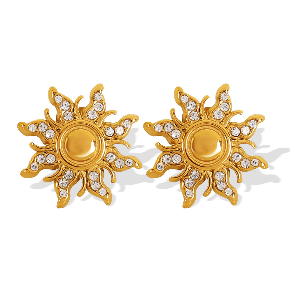 1 Paire De Boucles D'Oreilles À Tige Rétro Soleil/Lune En Acier Inoxydable Plaqué Or Avec Strass Pour Femme Image4