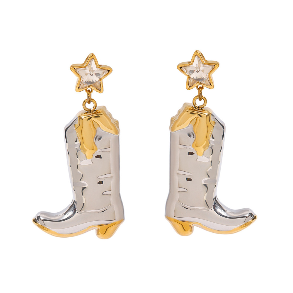 Boucles D'Oreilles Pendantes Pour Femme, Style Bottes De Cowboy Vintage, En Acier Inoxydable Imperméable, Couleur Or Et Argent (1 Paire). Image8