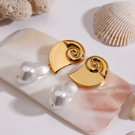 Boucles d'oreilles pendantes pour femme, style tortue rétro, en acier inoxydable, couleur or, imperméables, avec perles (1 paire).