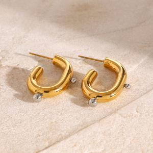 Boucles D'Oreilles Puces Pour Femme, Style Géométrique Simple, En Acier Inoxydable Plaqué Or Et Perles Artificielles (1 Paire). h5 Image3