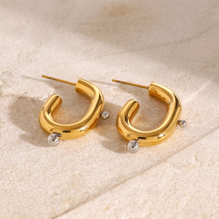 Boucles d'oreilles puces pour femme, style géométrique simple, en acier inoxydable plaqué or et perles artificielles (1 paire). 2