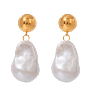 1 Paire De Boucles D'Oreilles Pendantes Ovales En Acier Inoxydable Plaqué Or  Pour Femmes, Série Classic , Avec Perles Artificielles h5 Image6