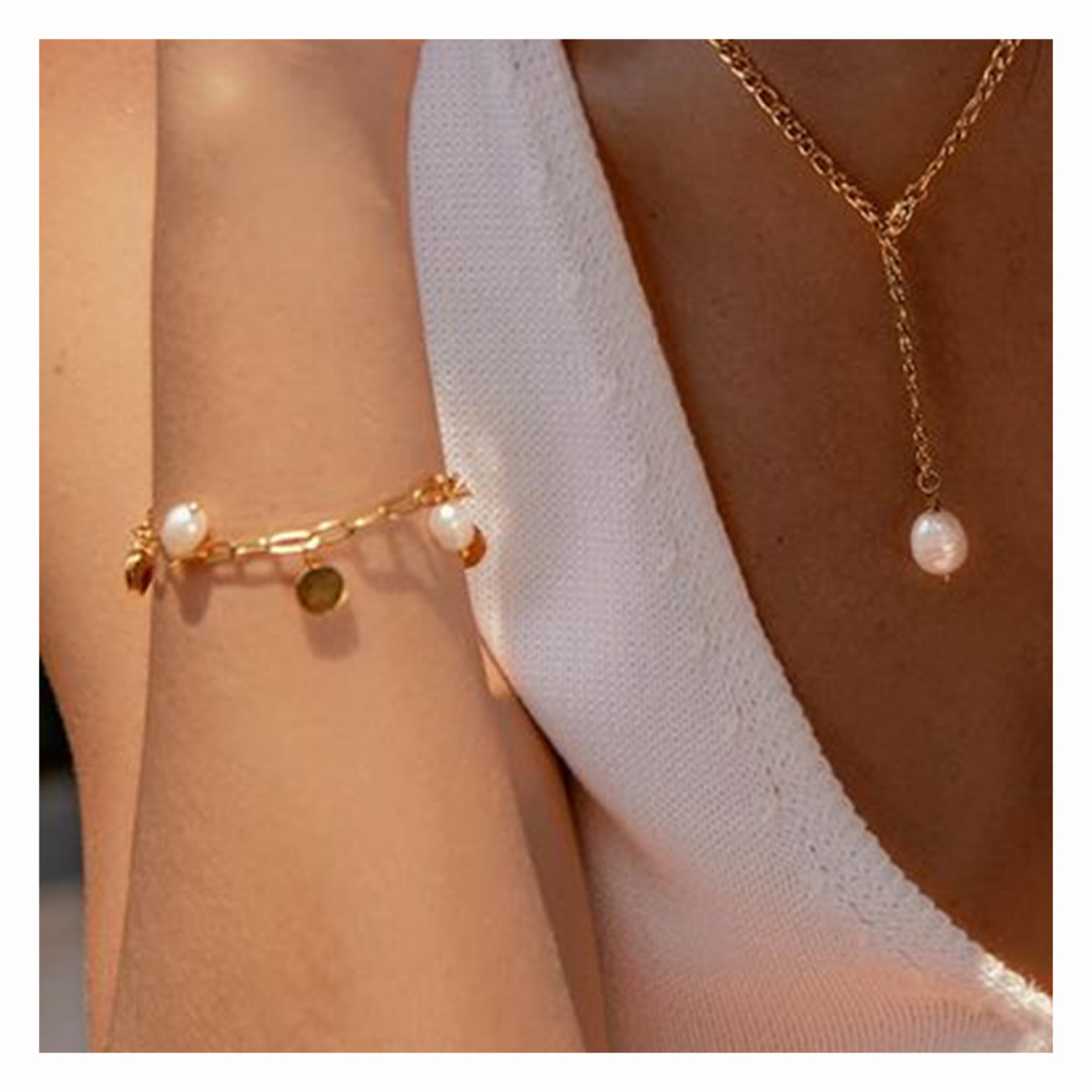 Bracelet À Breloques Géométrique En Acier Inoxydable Plaqué Or  Avec Perles Artificielles Pour Femme, Série Simple, 1 Pièce Image2