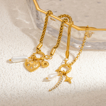bracelet à breloques élégant en acier inoxydable plaqué or avec perles artificielles pour femme, série romantique, 1 pièce 2