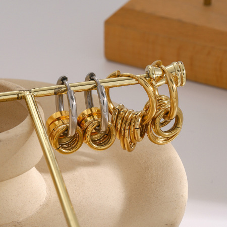 Boucles D'Oreilles En Acier Inoxydable Or , Anneau En Acier Poli Assorti, Cinq Petits Anneaux Suspendus En Or, Boucles D'Oreilles En Acier Titane