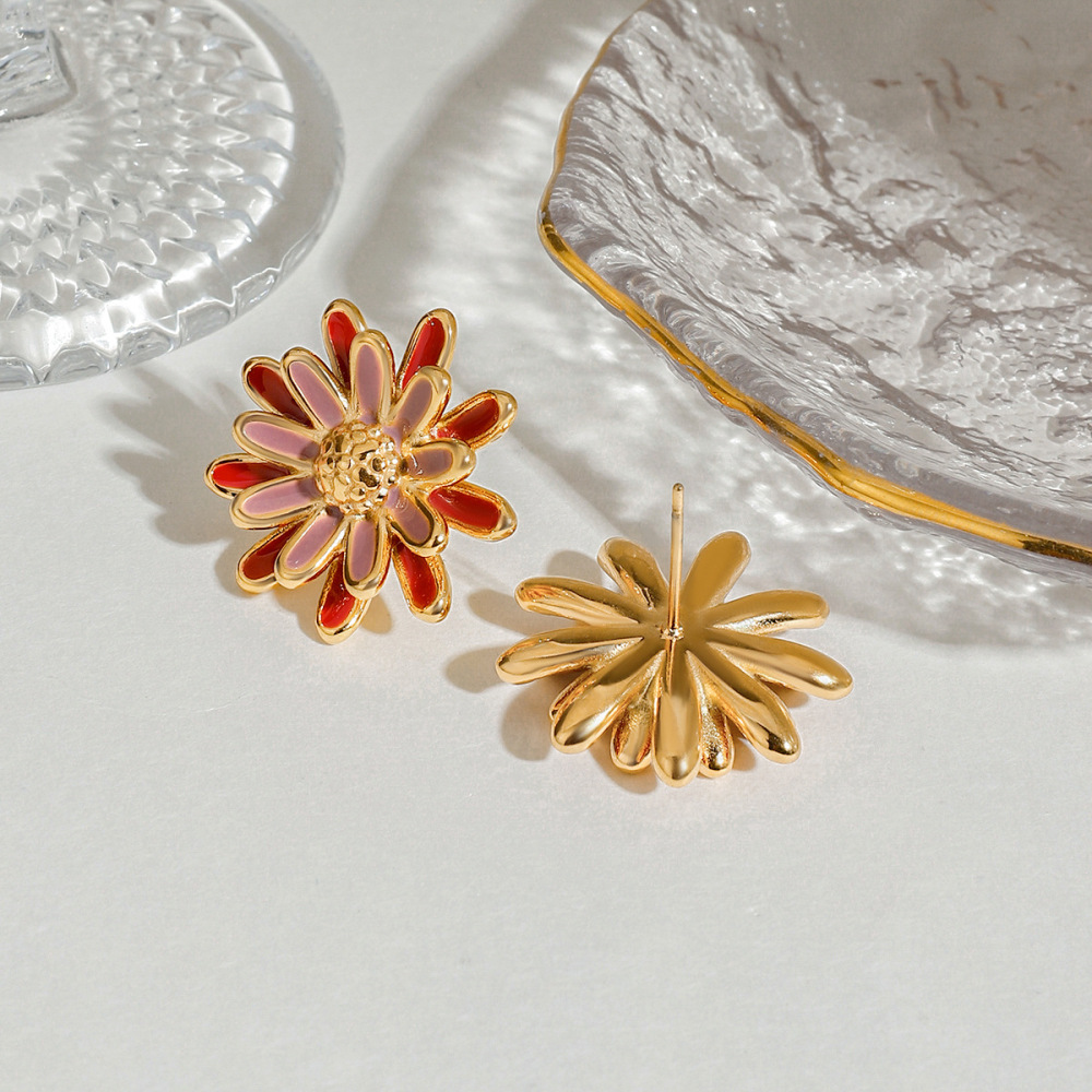 Boucles D'Oreilles Puces Pour Femme, Collection Chic Daisy, Finition Goutte D'Huile, En Acier Inoxydable, Couleur Or, Imperméables, 1 Paire Image10