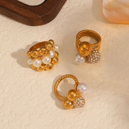 1 paire de bagues simples rétro à pois plaquées or avec perles artificielles
