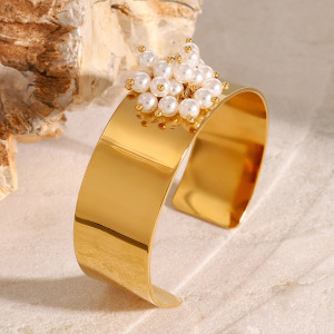 Bracelet Rétro Géométrique En Acier Inoxydable Plaqué Or  Avec Perles Artificielles Pour Femme, Série Simple, 1 Pièce h5 Image3