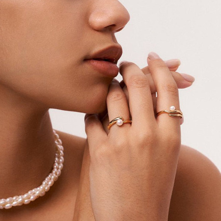 1 paire de bagues ajustables géométriques simples en acier inoxydable plaqué or  avec perles artificielles pour femmes