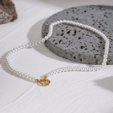 collier de perles élégant en acier inoxydable plaqué or pour femme, série classique, 1 pièce 2