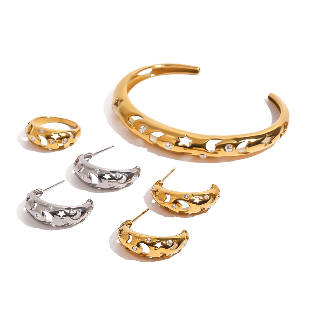 1 Paire De Boucles D'Oreilles Pour Femme, Série Simple, Style Décontracté, Soleil/Lune, En Acier Inoxydable Plaqué Or , Strass h5Image4