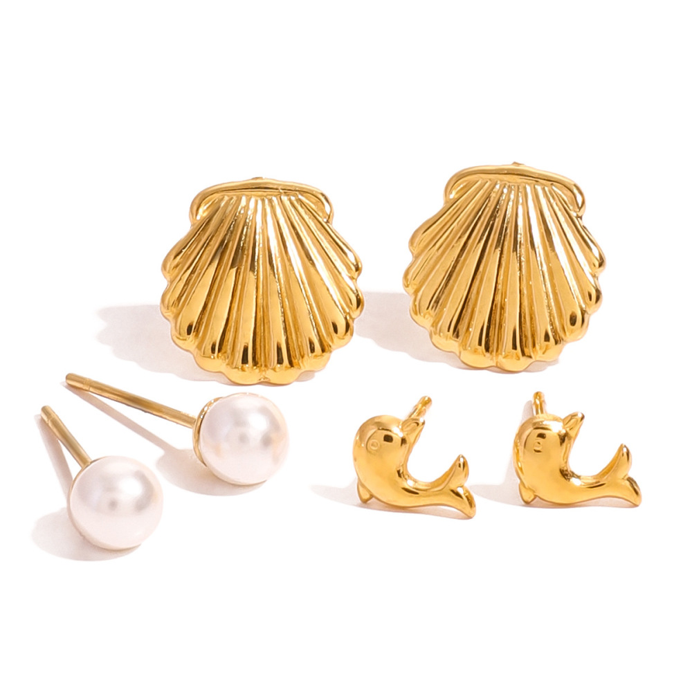 1 Paire De Boucles D'Oreilles Simples Pour Femmes, Série , Tortue, En Acier Inoxydable Plaqué Or , Perles Artificielles Image7