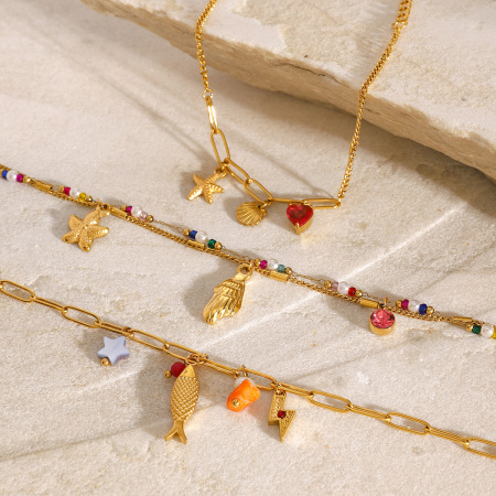 collier avec pendentif tortue de vacances en acier inoxydable plaqué or et pierre naturelle pour femme, série simple, 1 pièce 2