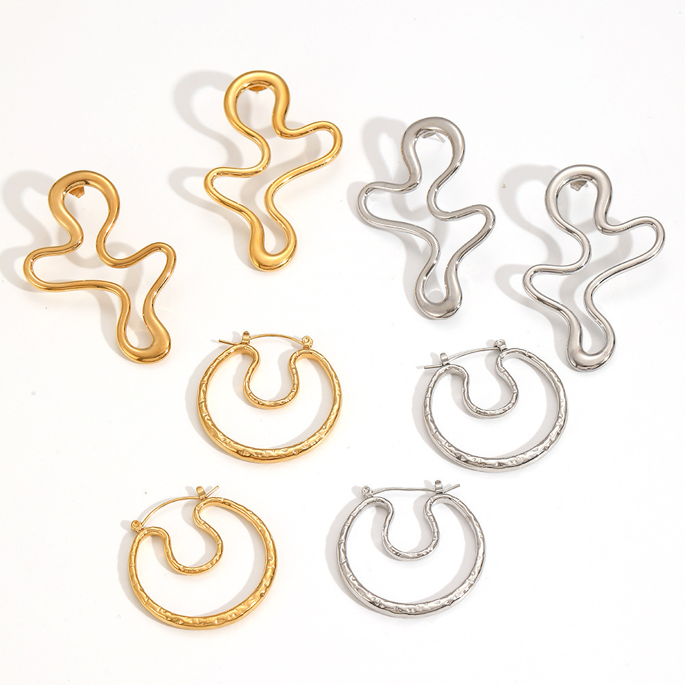 Boucles D'Oreilles Puces Pour Femme, Collection Particular Series, Forme Irrégulière, En Acier Inoxydable, Couleur Or, Étanches. 1 Paire Image4