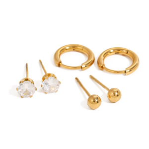 Ensemble De Boucles D'Oreilles Pour Femme, Style Géométrique Simple, En Acier Inoxydable, Étanche, Couleur Or, Avec Zircon. h5 Image5