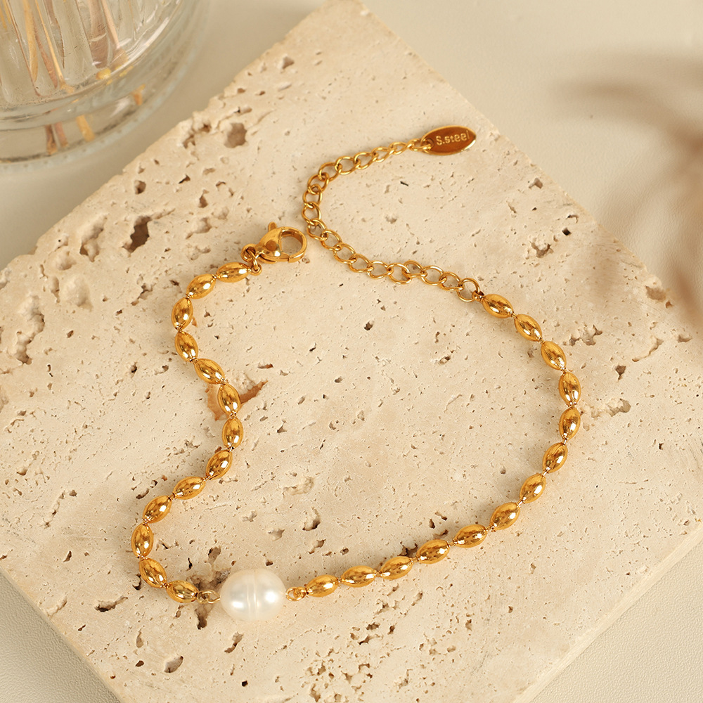 Bracelet De Perles Rétro En Acier Inoxydable Plaqué Or Pour Femme, Série Simple, Perles Artificielles h5Image3