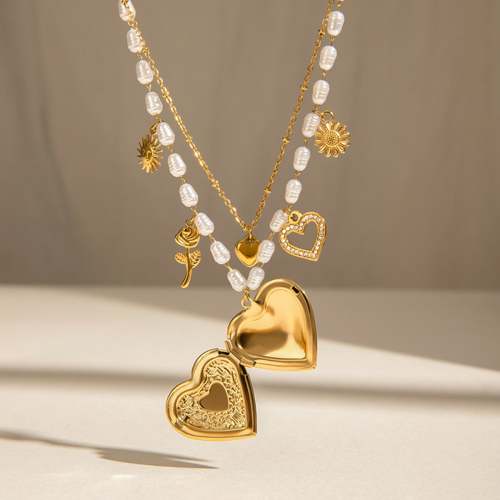Collier Pendentif Classique En Forme De Cœur Et De Fleur, En Acier Inoxydable Étanche, Couleur Or, Pour Femme (1 Pièce) Image2