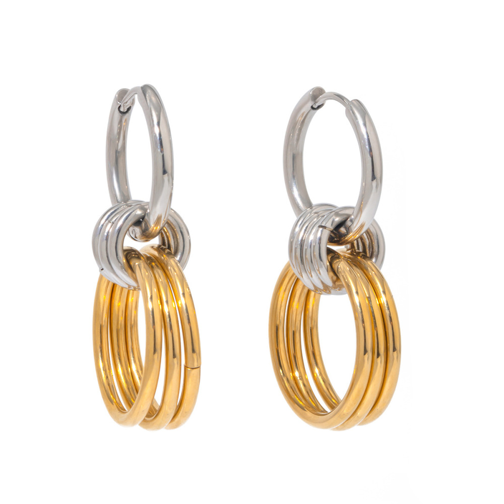Boucles D'Oreilles En Acier Inoxydable Or , Anneau En Acier Poli Assorti Aux Couleurs, Boucles D'Oreilles Suspendues À Trois Anneaux En Or Et En Acier Titane h5Image5