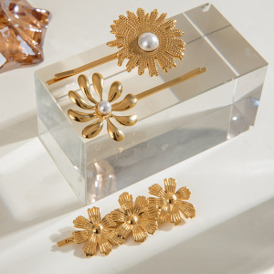 1 Paire De Pinces À Cheveux Pour Femmes, Série Simple, Fleurs Douces, En Acier Inoxydable Plaqué Or , Avec Perles Artificielles h5 Image4