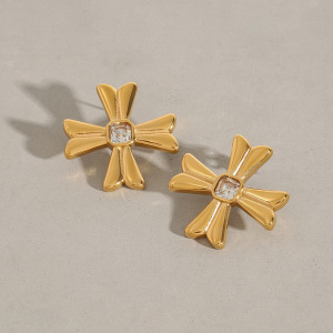 1 Paire De Boucles D'Oreilles Puces Pour Femme, En Acier Inoxydable Doré, Forme Croix, Collection Classique. h5 Image6