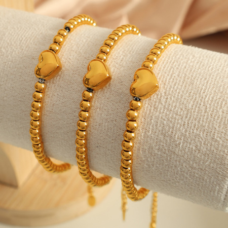 bracelet de perles rétro en acier inoxydable plaqué or pour femme, série simple, motif cœur