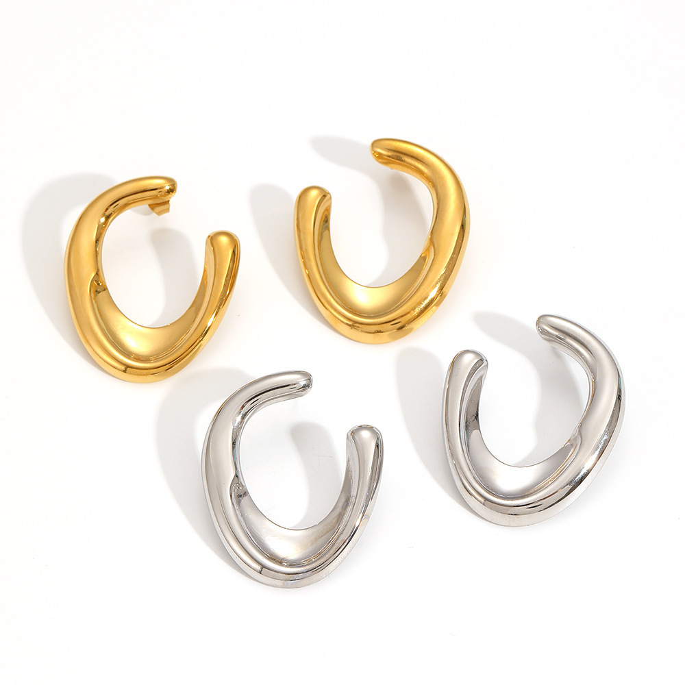 Boucles D'Oreilles Puces Pour Femme, Style Minimaliste, Forme Irrégulière En U, En Acier Inoxydable, Couleur Or, Étanches, 1 Paire Image4