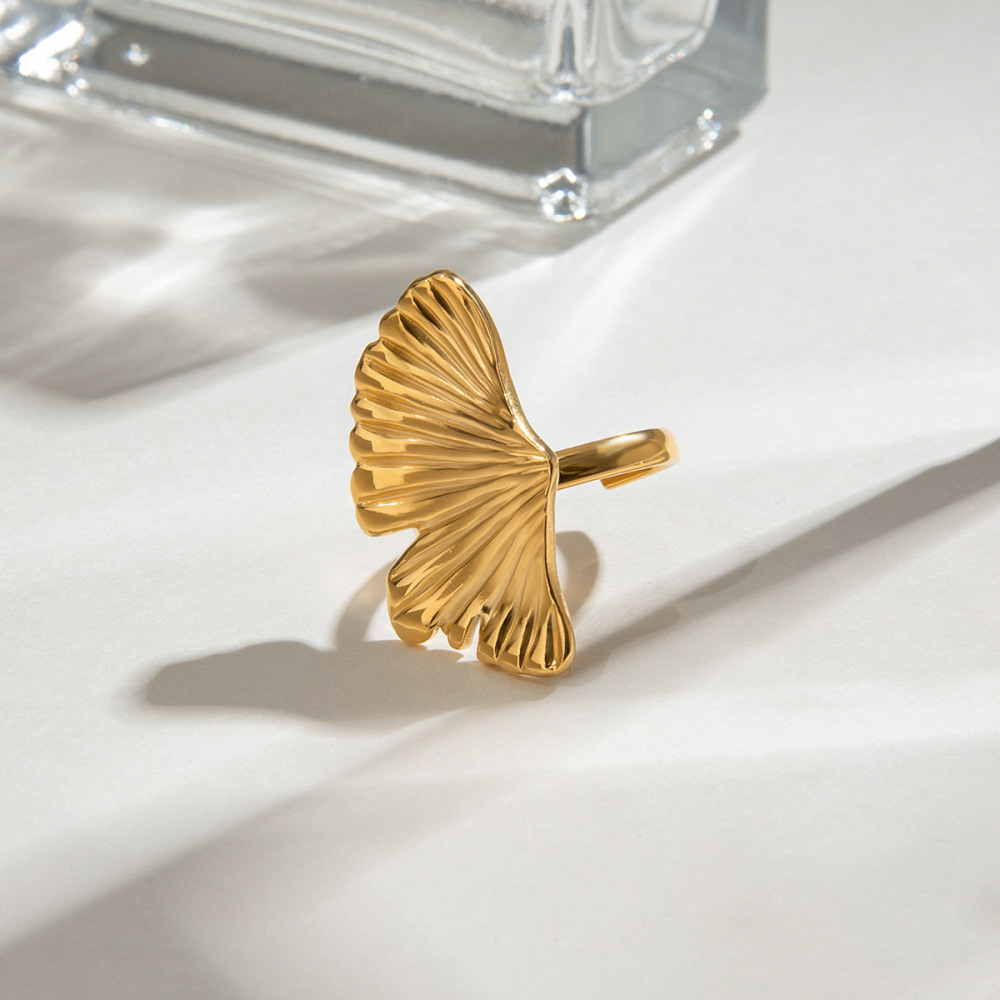 Bague Ajustable Pour Femme, En Acier Inoxydable Doré, Forme Feuille De Ginkgo Naturel, Collection Romantique (1 Pièce). h5Image2