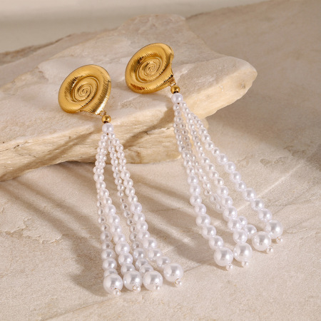 Boucles d'oreilles pour femme, collection romantique, en coquillage, acier inoxydable plaqué or, perles artificielles. 2