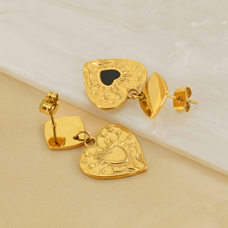 1 Paire De Boucles D'Oreilles En Acier Inoxydable, Simples, Géométriques, En Forme De Goutte D'Huile, En Forme De Cœur, En Titane Plaqué Or , À Motif Martelé, Polyvalentes, Pendantes Pour Femmes Image4