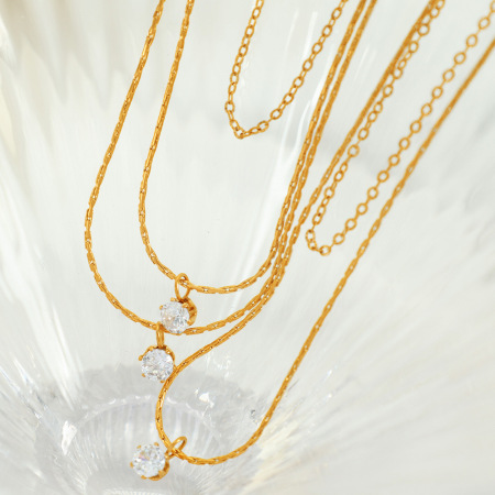 colliers superposés géométriques simples en acier inoxydable plaqué or et zircons pour femmes, série simple, 1 pièce