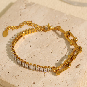 Bracelet À Breloques Géométrique Simple En Acier Inoxydable Plaqué Or Avec Strass Pour Femme, Série Luxueuse, 1 Pièce h5 Image4