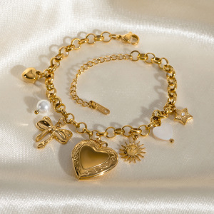 Bracelet À Breloques Pour Femme En Acier Inoxydable Plaqué Or , Style Simple, En Forme D'Amour Ou De Cœur h5 Image3