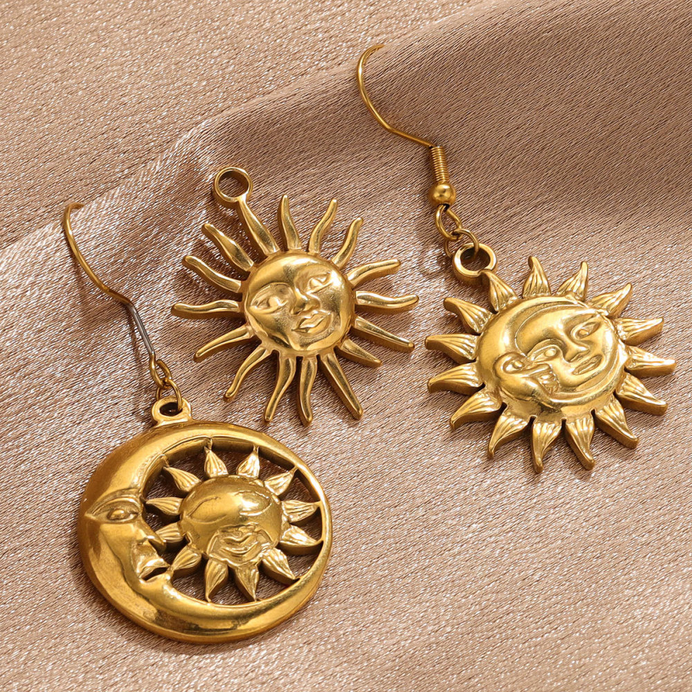 1 Paire De Pendentifs Rétro Soleil/Lune Pour Femme, Série Simple, Plaqués Or  Image4