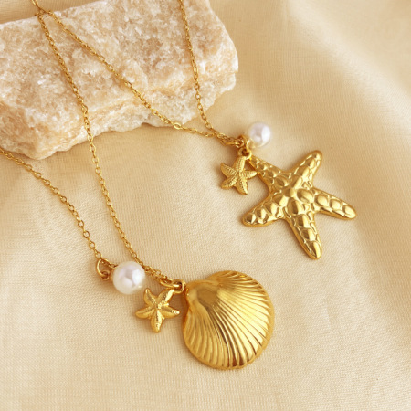 Collier Pendentif Femme En Acier Inoxydable Doré, Motif Étoile De Mer Éclatante, Collection Vacances (1 Pièce)