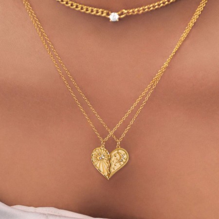 Collier pendentif élégant pour femme, collection romantique, en acier inoxydable doré, motif cœur, lune et soleil, couleur or.