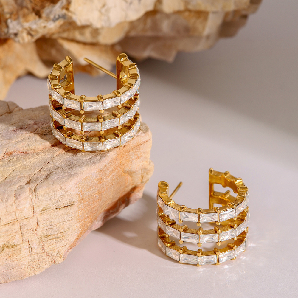 1 Paire De Boucles D'Oreilles À Tige Géométriques Rétro En Acier Inoxydable Plaqué Or  Et Zircon Pour Femme, Série Classique Image4