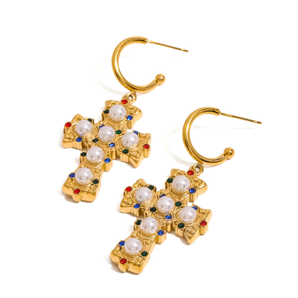 1 Paire De Boucles D'Oreilles Pendantes Pour Femme, En Acier Inoxydable Doré, Couleur Or, Forme Croix Colorée Et Raffinée, Collection De Luxe Image6