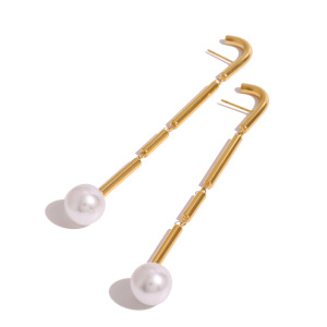 1 Paire De Boucles D'Oreilles Pendantes Pour Femme, En Acier Inoxydable Plaqué Or, Avec Perles Artificielles, Collection Classique. h5 Image7