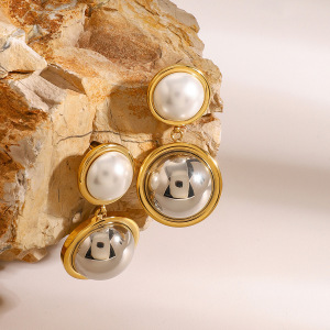 1 Paire De Boucles D'Oreilles Pendantes Rondes En Acier Inoxydable Plaqué Or  Pour Femmes, Série Simple , Avec Perles Artificielles h5 Image4