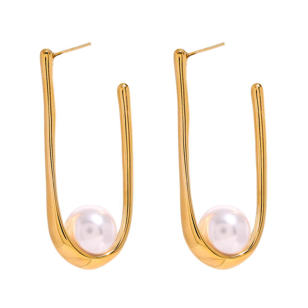 Boucles D'Oreilles Pendantes Pour Femme, Style Décontracté, En Acier Inoxydable Plaqué Or, Avec Perles Artificielles Et Motif Lettre (1 Paire). Image5