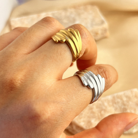 Bague ajustable pour femme, collection Simple Stripe, en acier inoxydable, couleur or, étanche (1 pièce). 2
