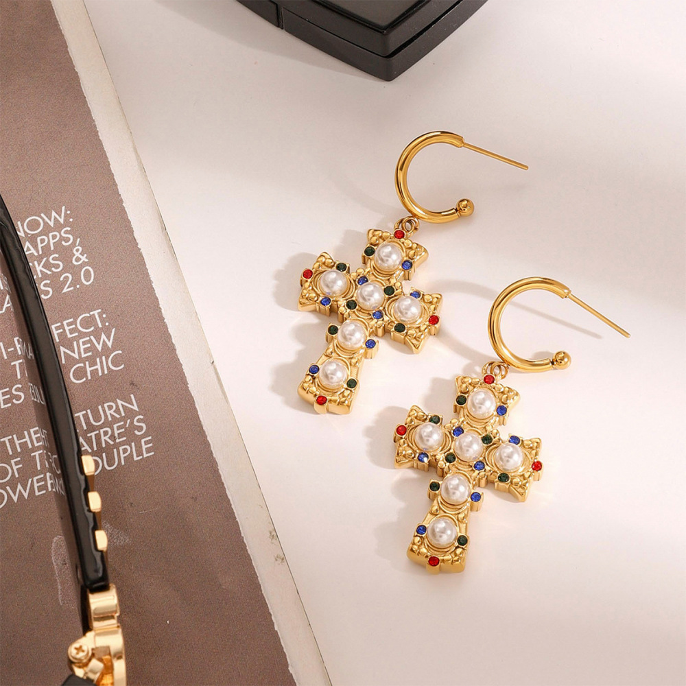 1 Paire De Boucles D'Oreilles Pendantes Pour Femme, En Acier Inoxydable Doré, Couleur Or, Forme Croix Colorée Et Raffinée, Collection De Luxe Image3