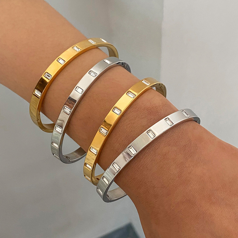 Bracelet Simple Et Décontracté En Acier Inoxydable Plaqué Or Avec Strass Pour Femme, 1 Pièce h5Image6