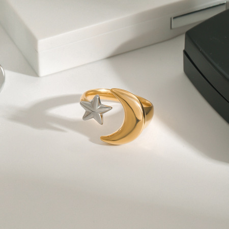 Bague simple pour femme, motif lune et étoile, en acier inoxydable étanche, coloris or et argent, collection classique. 2