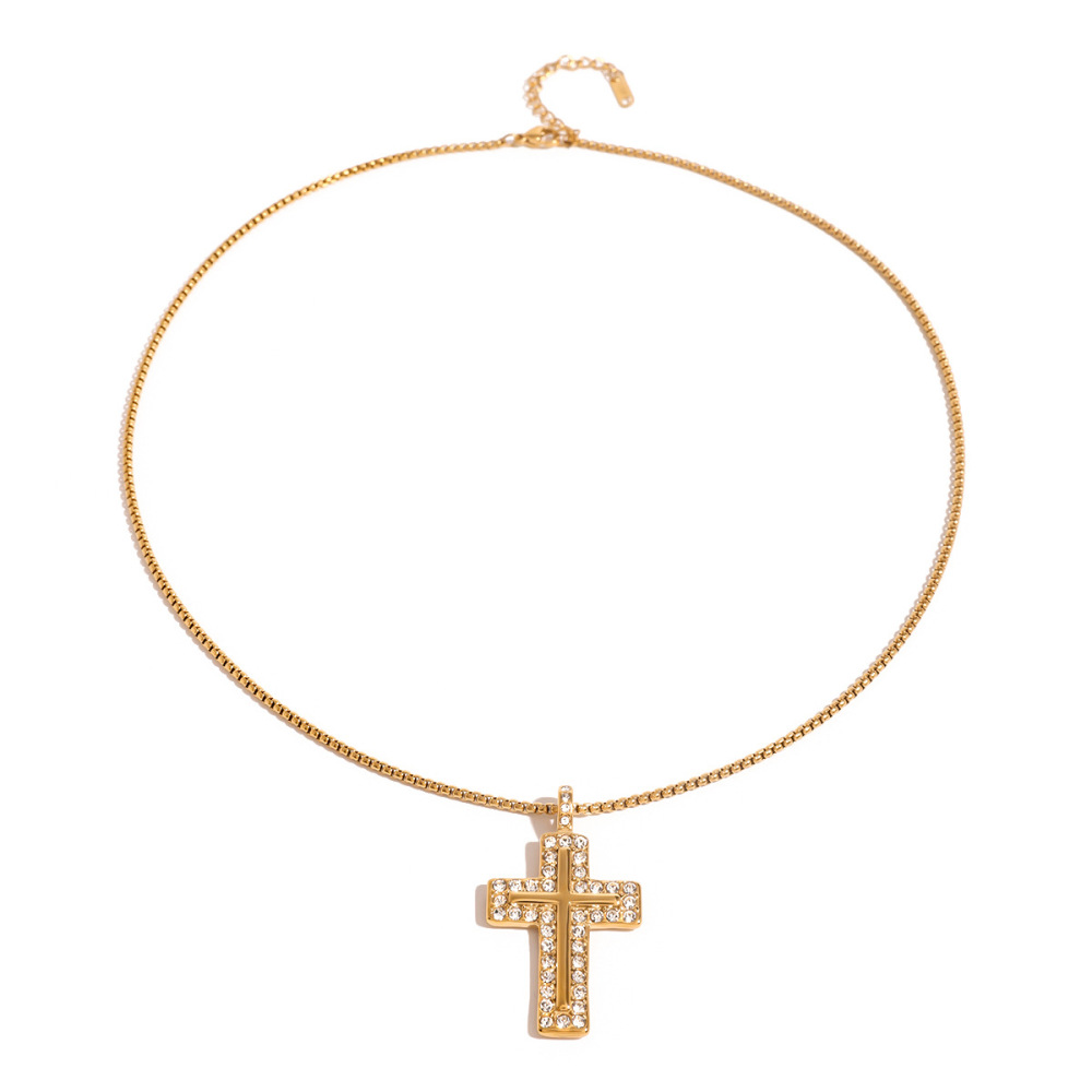 Collier Avec Pendentif Croix Classique En Acier Inoxydable Plaqué Or Et Zircon Pour Femme, Série Ethnique, 1 Pièce h5Image5