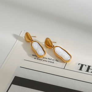 Boucles D'Oreilles Pendantes Pour Femme, Style Ovale Irrégulier, En Acier Inoxydable Doré, Étanches, Collection Classique (1 Paire). h5 Image7