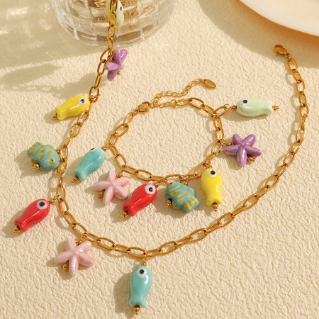 bracelet à breloques tortue mignonne en acier inoxydable plaqué or  pour femme, série simple, 1 pièce