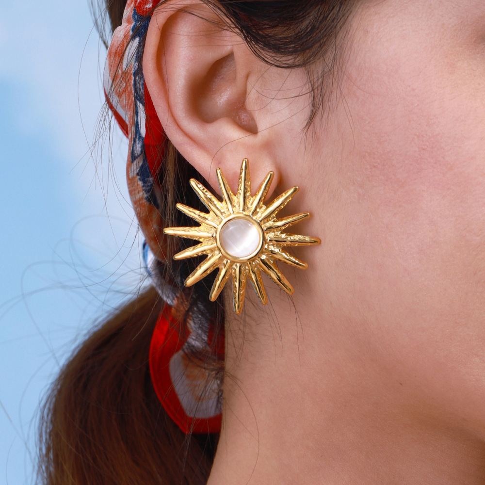 1 Paire De Boucles D'Oreilles Puces Élégantes Et Luxueuses Pour Femme, En Acier Inoxydable Doré Imperméable Avec Pierre Naturelle, Collection Soleil. Image5
