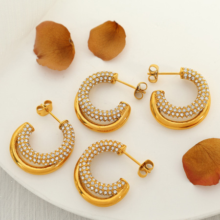 1 paire de boucles d'oreilles créoles géométriques classiques en acier inoxydable plaqué or  avec strass pour femme 2